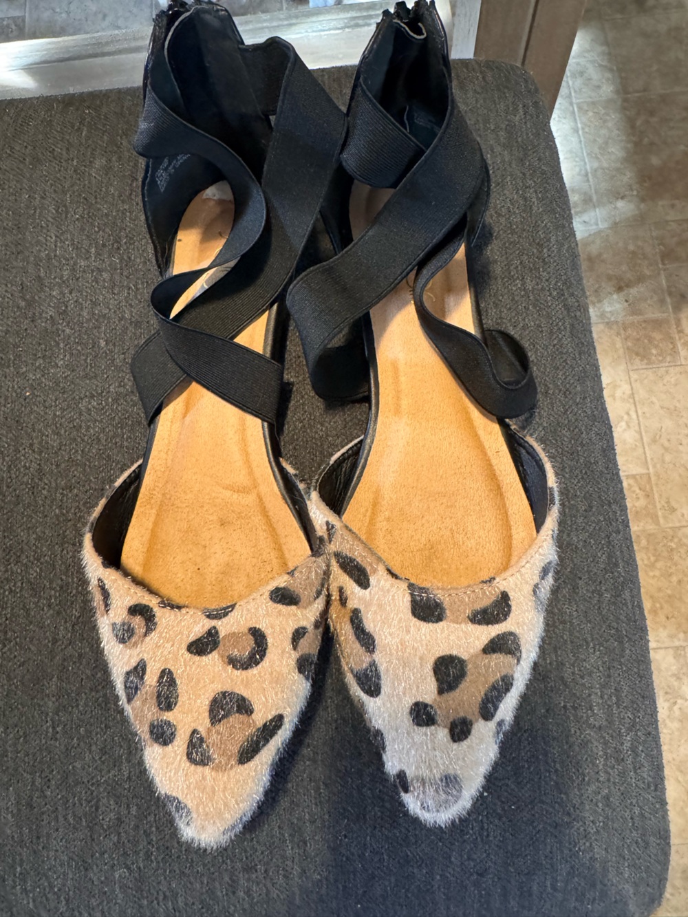 Leopard Print Pointed Toe Ankle Wrap Flats - Black & Tan
